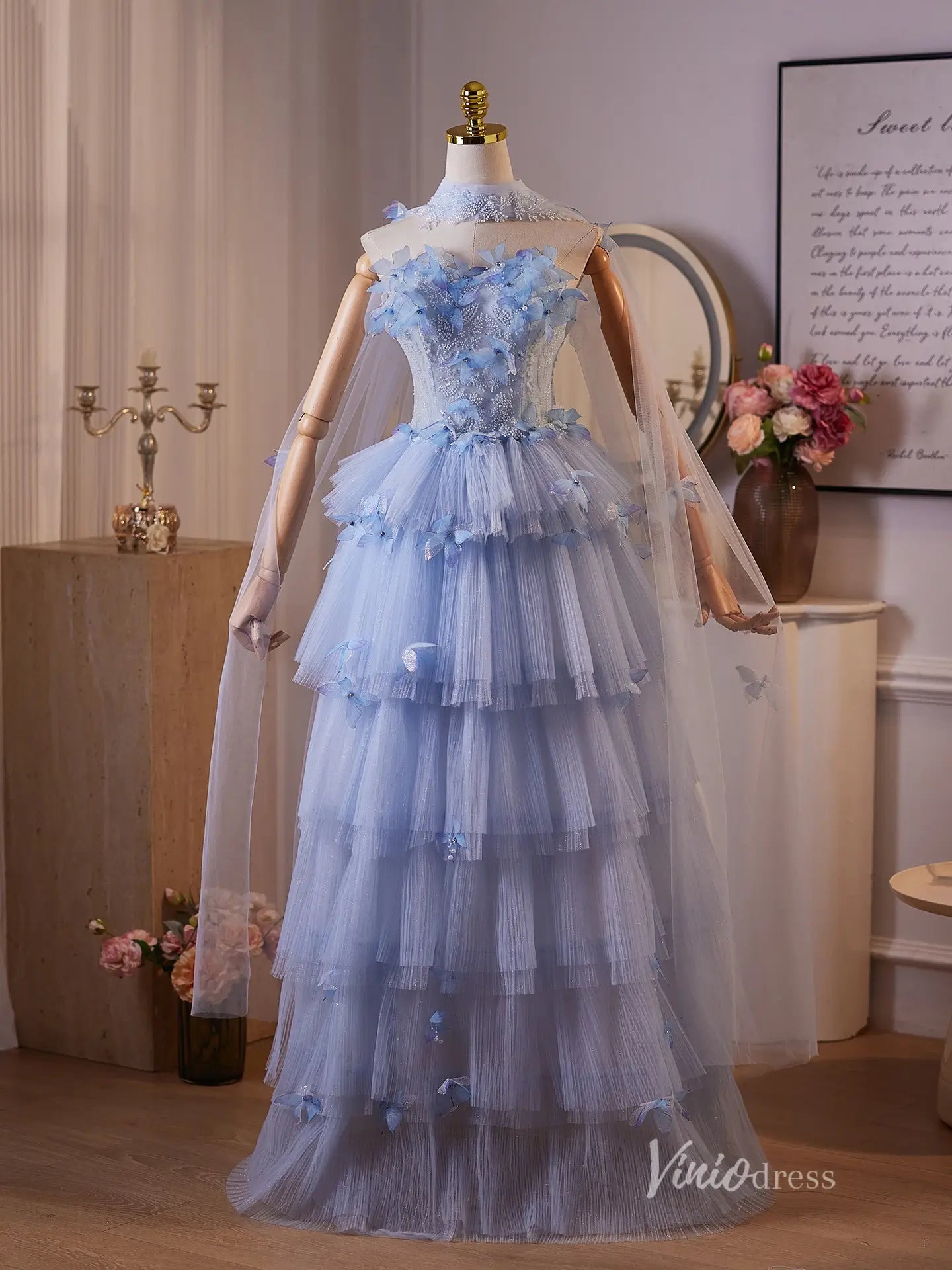 Dreamy Light Blue 3D Butterfly Evening Gown with Sheer Beaded Bodice, Layered Tulle Skirt & Removable Sheer Shawl – BJ097-prom dresses 2025 -Viniodress-Light Blue-Custom Size-