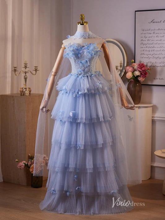 Dreamy Light Blue 3D Butterfly Evening Gown with Sheer Beaded Bodice, Layered Tulle Skirt & Removable Sheer Shawl – BJ097-prom dresses 2025 -Viniodress-Light Blue-Custom Size-