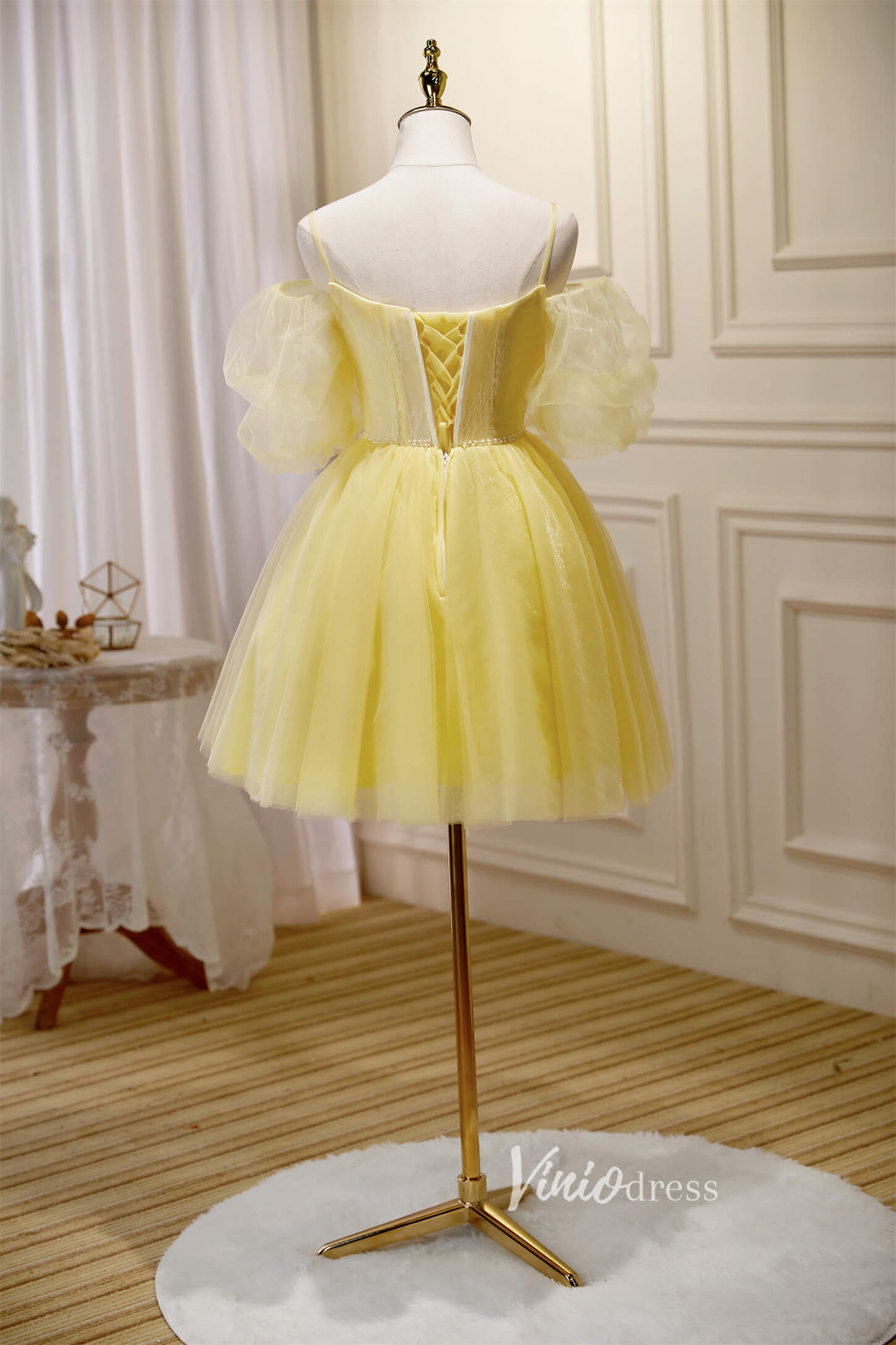 Short Prom Dresses 2025 Yellow Tulle Hoco Dresses Spaghetti Strap Short Graduation Dresses SD1537-Dresses-Viniodress-Yellow-Custom Size-Viniodress