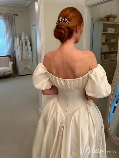Dropped Basque Waist Wedding Dress with Puff Sleeves Off the Shoulder – VW2573-wedding dresses 2025 -Viniodress-Ivory-Custom Size-