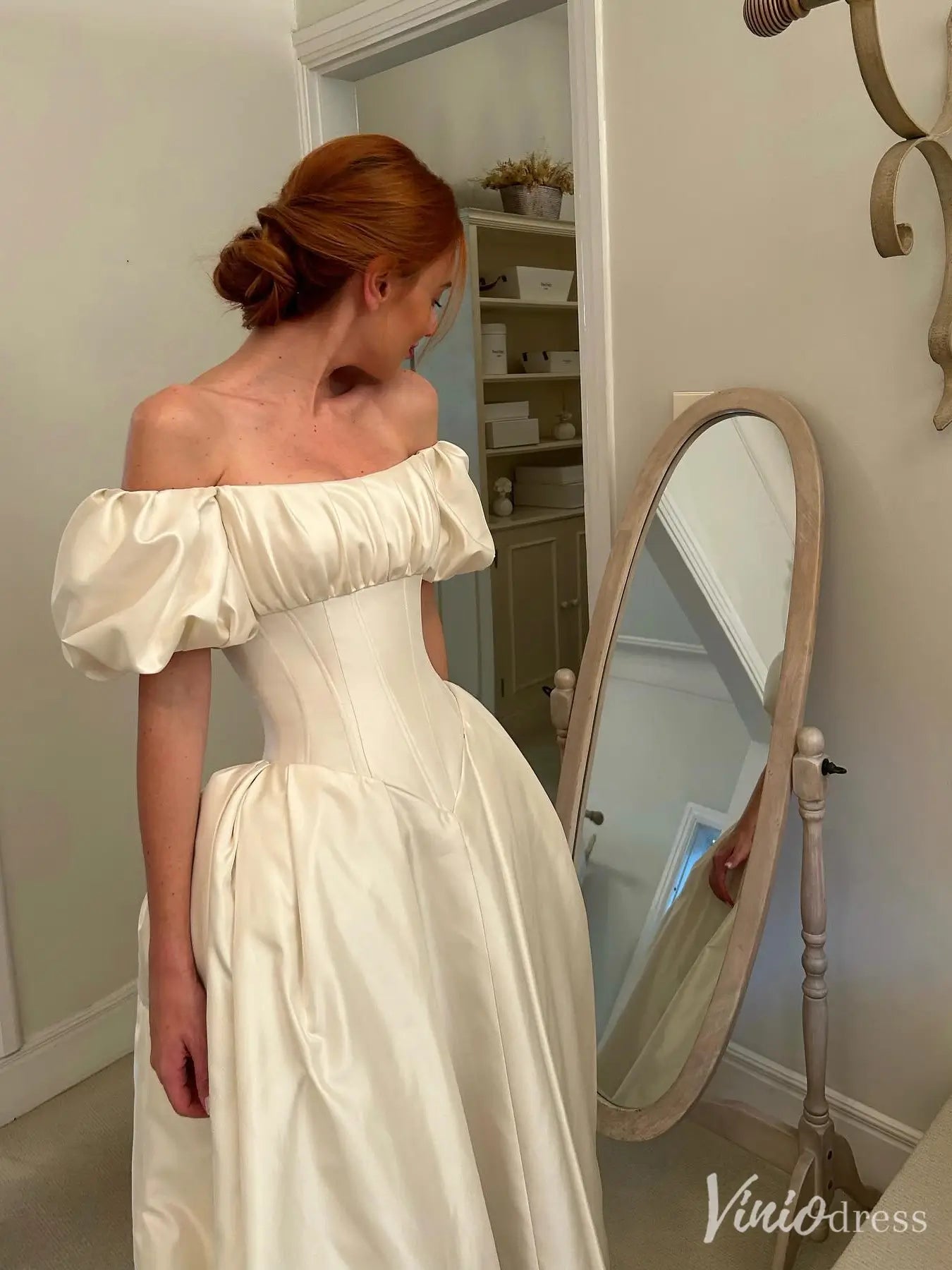 Dropped Basque Waist Wedding Dress with Puff Sleeves Off the Shoulder – VW2573-wedding dresses 2025 -Viniodress-Ivory-Custom Size-