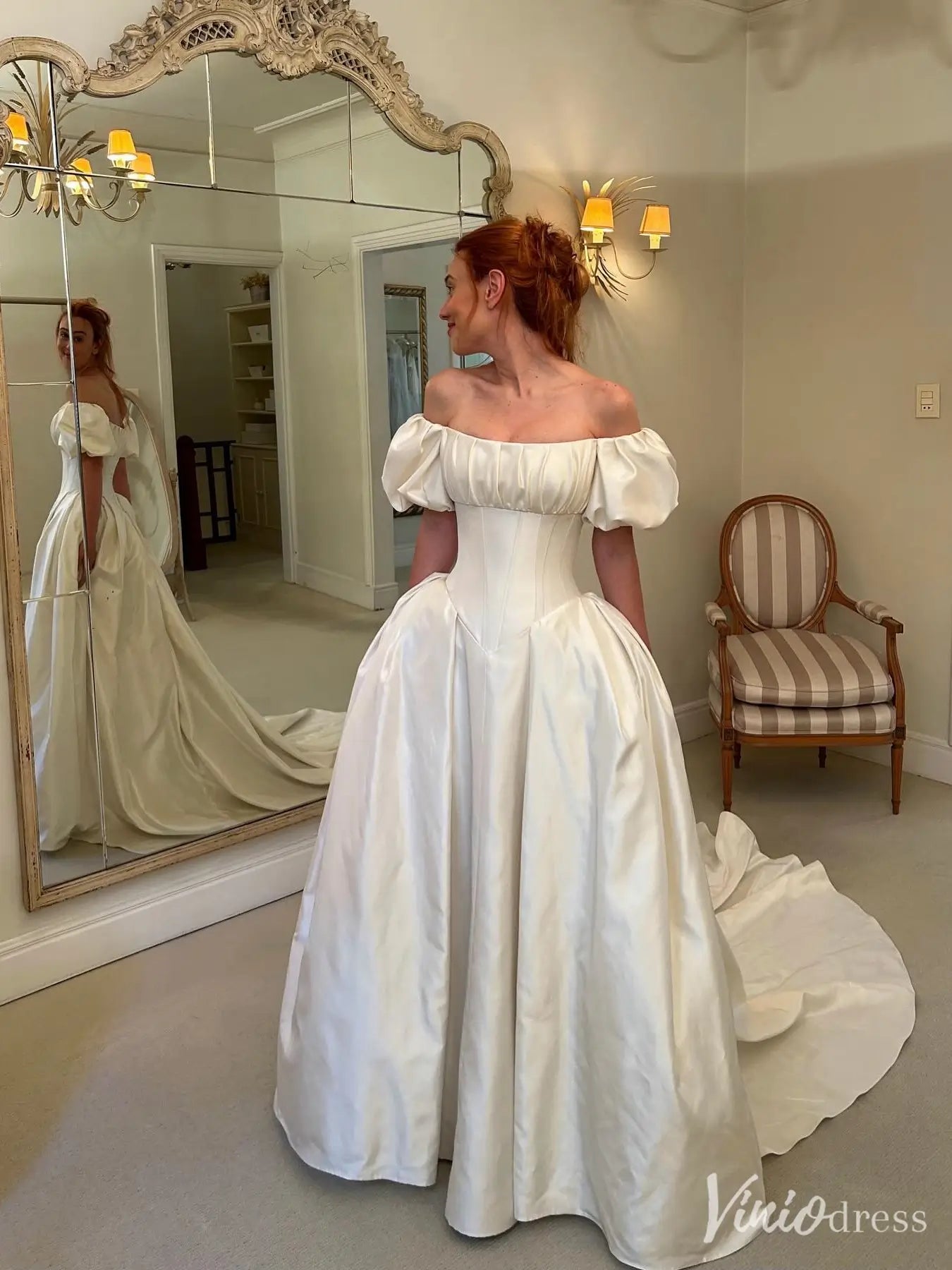 Dropped Basque Waist Wedding Dress with Puff Sleeves Off the Shoulder – VW2573-wedding dresses 2025 -Viniodress-Ivory-Custom Size-