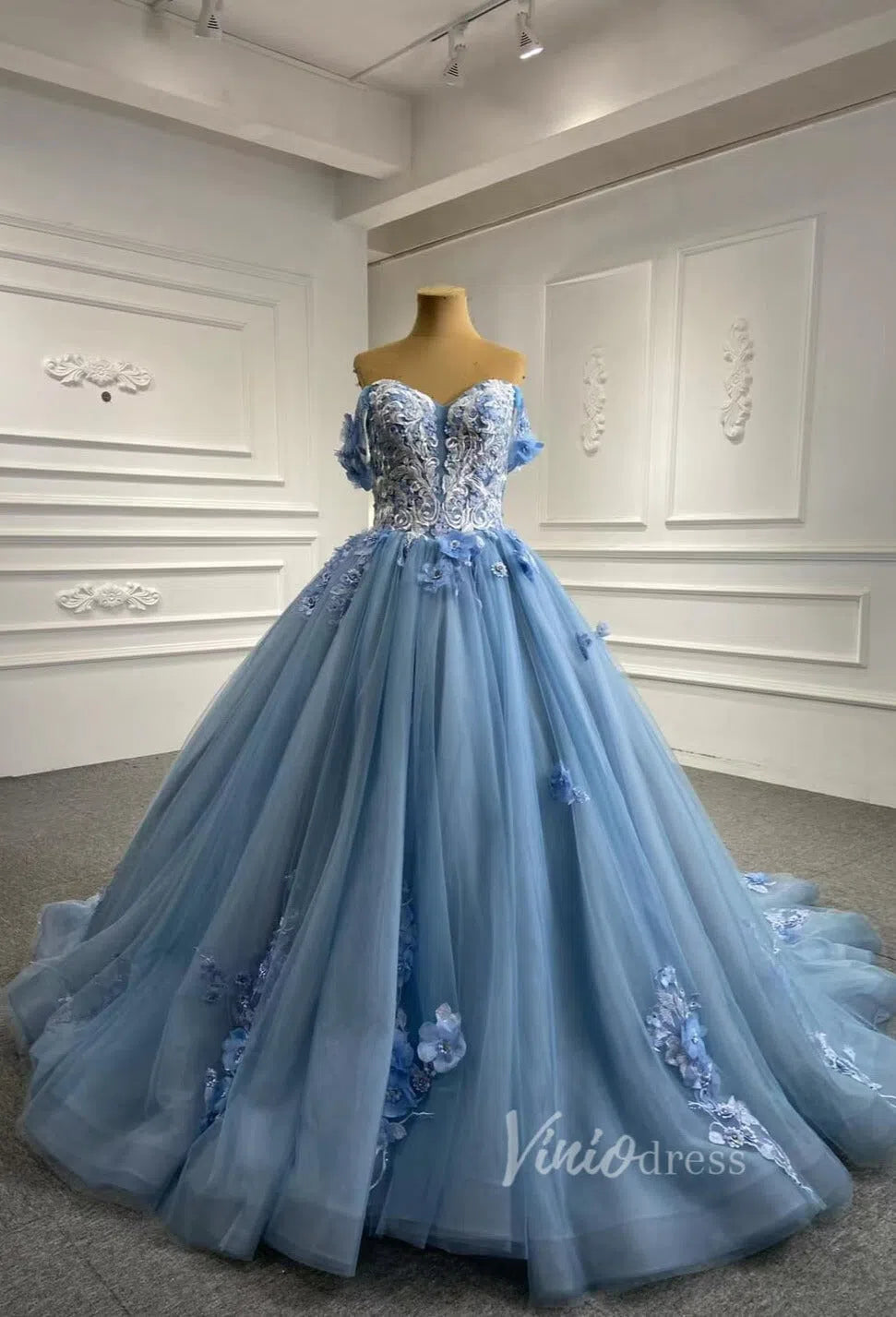 Light Blue Tulle Quince Dresses 3D Flower Off the Shoulder Cinderella Prom Dresses 66706-Quinceanera Dresses 2025 -Viniodress-Light Blue-Custom Size-