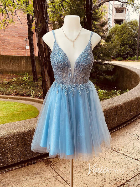 Dusty Blue A-line Homecoming Dress Beaded V-neck Graduation Dress SD1467-Homecoming Dresses 2025 -Viniodress-Dusty Blue-Custom Size-
