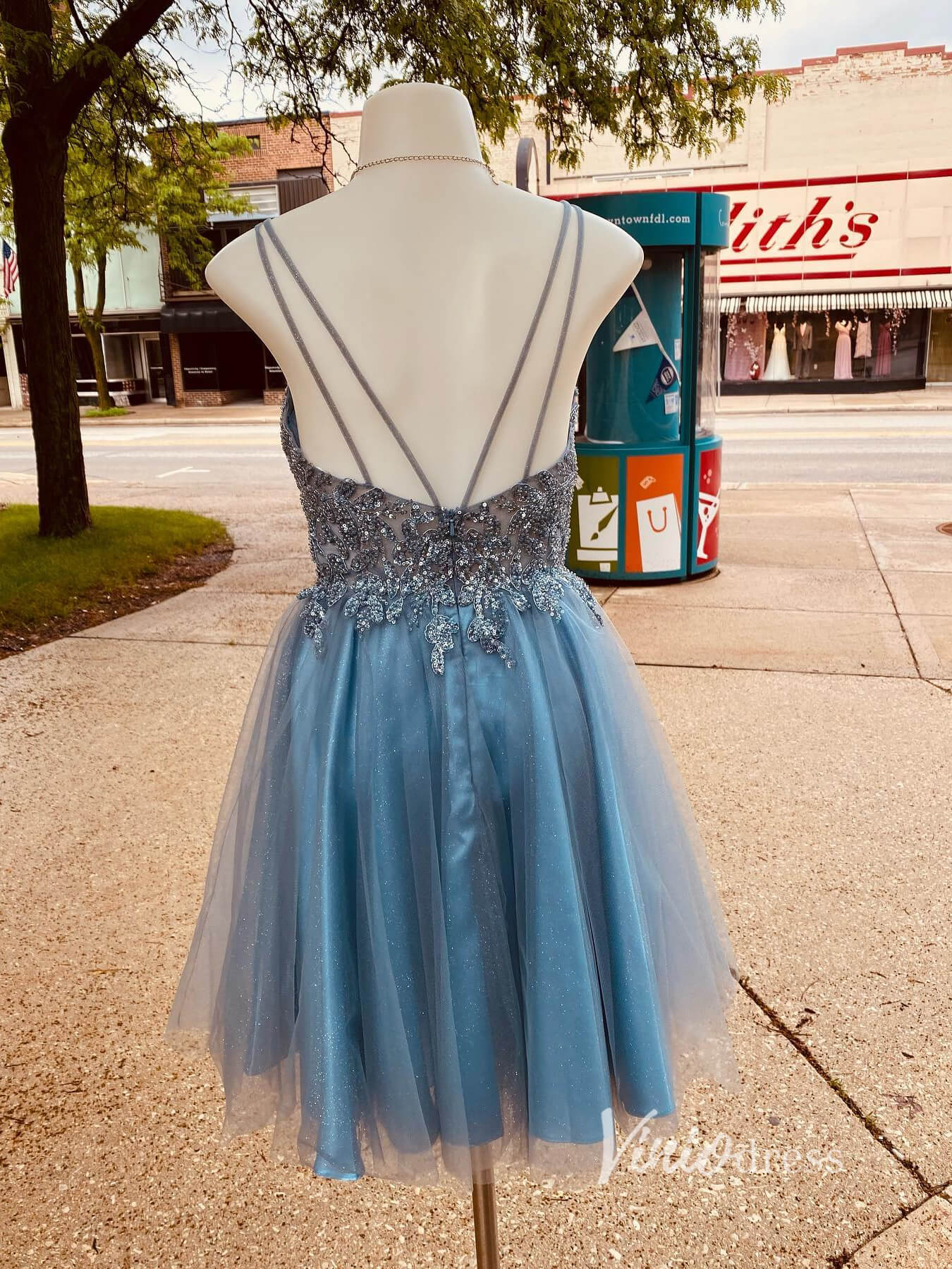 Dusty Blue A-line Homecoming Dress Beaded V-neck Graduation Dress SD1467-Homecoming Dresses 2025 -Viniodress-Dusty Blue-Custom Size-