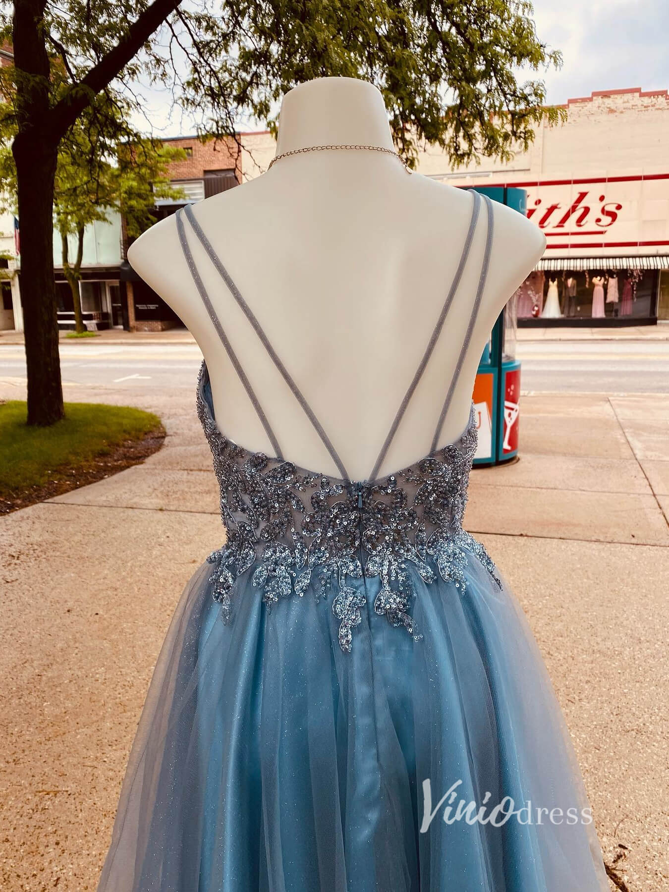Dusty Blue A-line Homecoming Dress Beaded V-neck Graduation Dress SD1467-Homecoming Dresses 2025 -Viniodress-Dusty Blue-Custom Size-