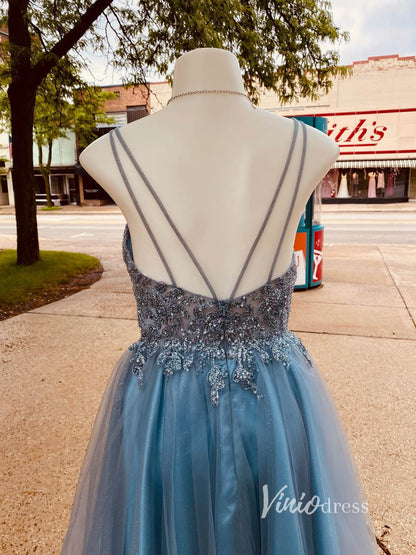 Dusty Blue A-line Homecoming Dress Beaded V-neck Graduation Dress SD1467-Homecoming Dresses 2025 -Viniodress-Dusty Blue-Custom Size-
