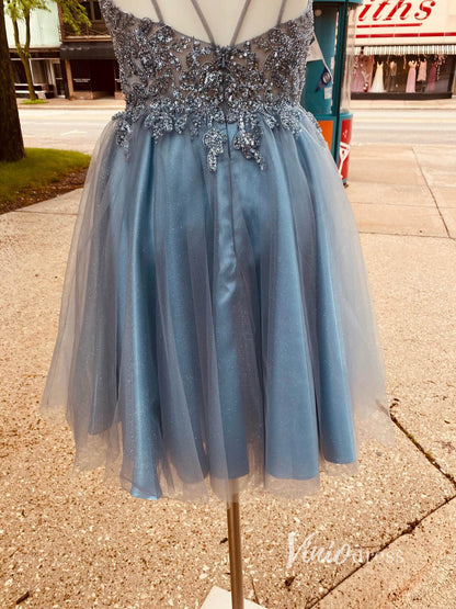 Dusty Blue A-line Homecoming Dress Beaded V-neck Graduation Dress SD1467-Homecoming Dresses 2025 -Viniodress-Dusty Blue-Custom Size-