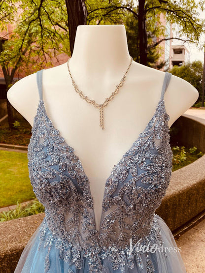 Dusty Blue A-line Homecoming Dress Beaded V-neck Graduation Dress SD1467-Homecoming Dresses 2025 -Viniodress-Dusty Blue-Custom Size-