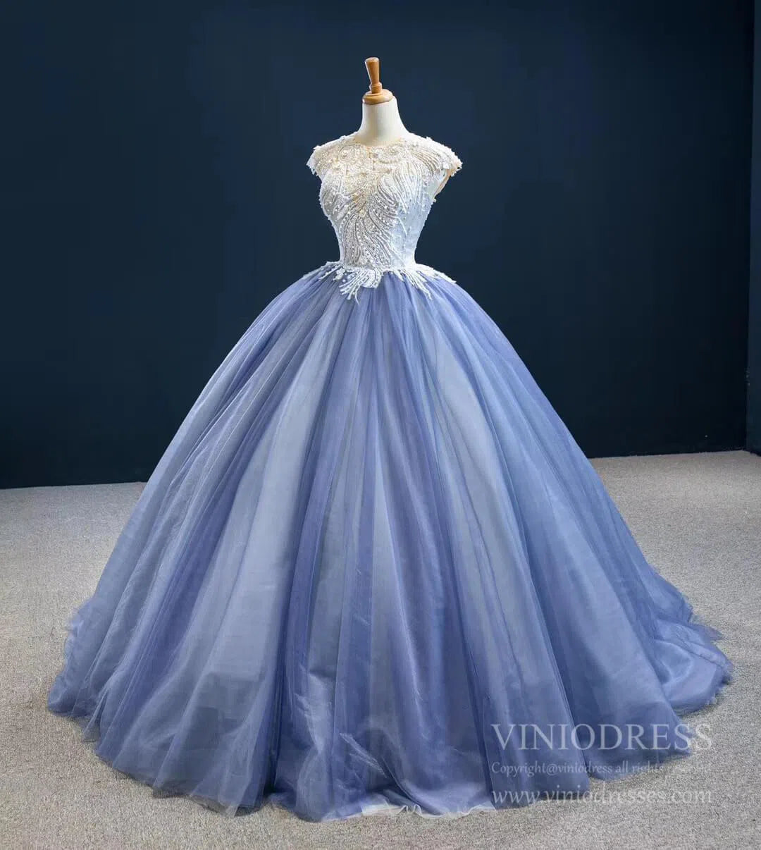 Dusty Blue Ball Gown Prom Dresses Beaded Formal Dress FD2445 viniodress-Quinceanera Dresses 2025 -Viniodress-Cap Sleeve-Dusty Blue-Custom Size