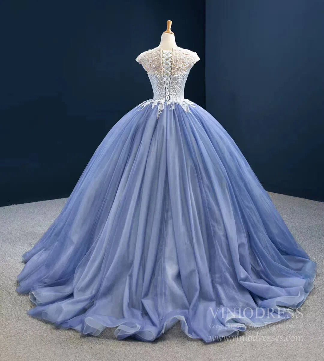 Dusty Blue Ball Gown Prom Dresses Beaded Formal Dress FD2445 viniodress-Quinceanera Dresses 2025 -Viniodress-Cap Sleeve-Dusty Blue-Custom Size