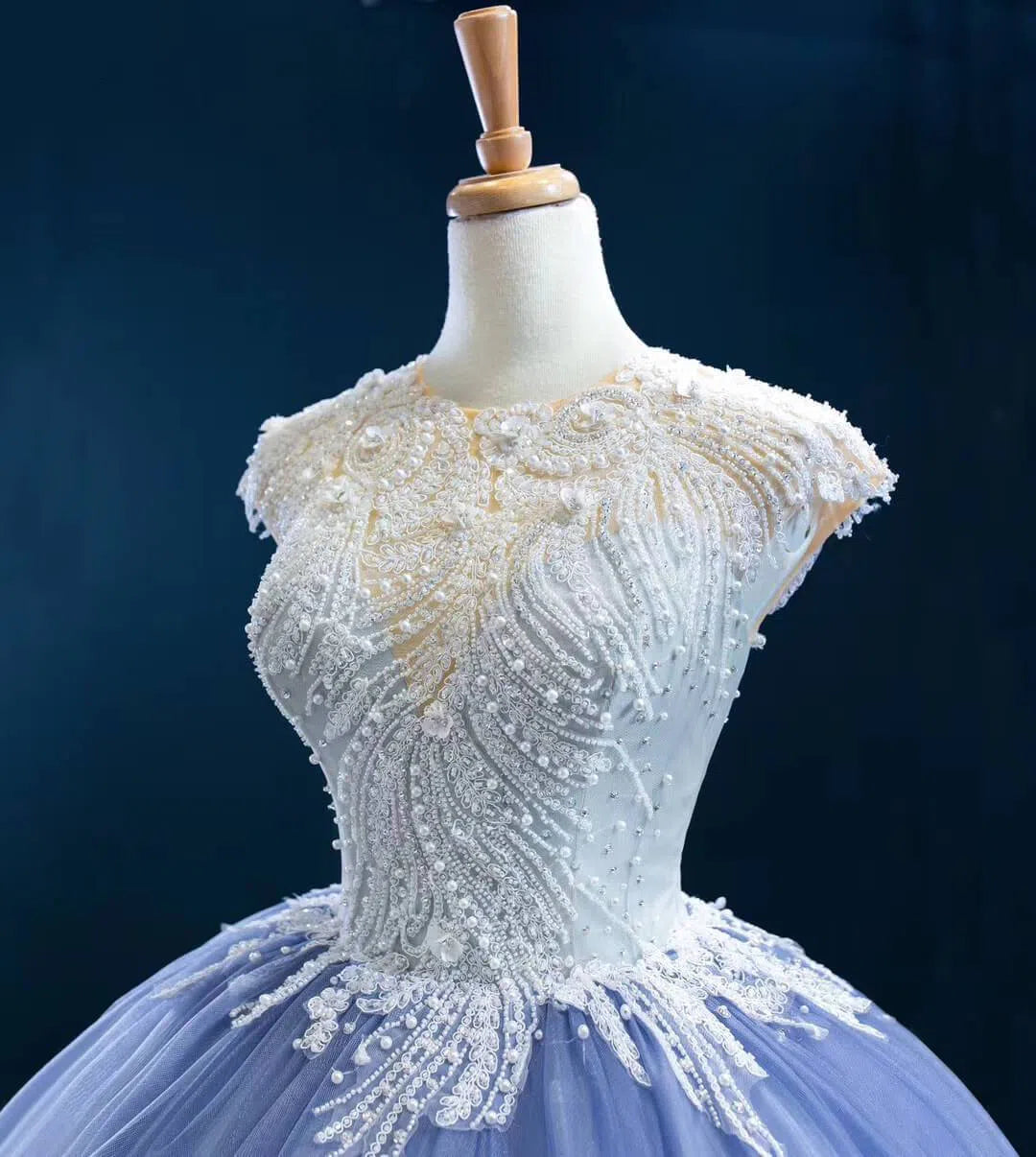 Dusty Blue Ball Gown Prom Dresses Beaded Formal Dress FD2445 viniodress-Quinceanera Dresses 2025 -Viniodress-Cap Sleeve-Dusty Blue-Custom Size
