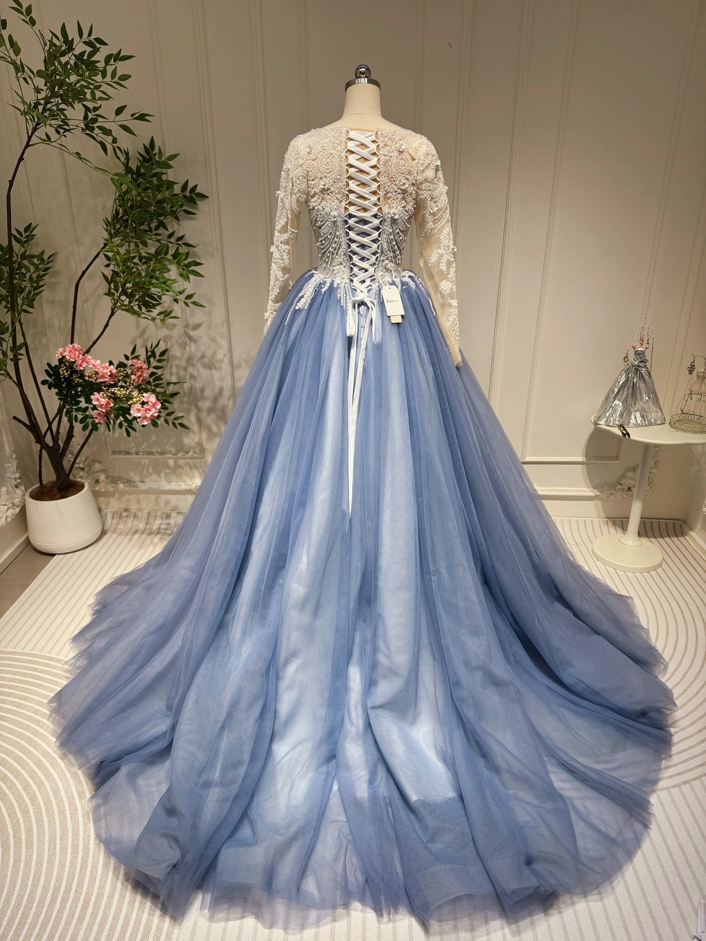 Dusty Blue Ball Gown Prom Dresses Beaded Formal Dress FD2445 viniodress-Quinceanera Dresses 2025 -Viniodress-Cap Sleeve-Dusty Blue-Custom Size