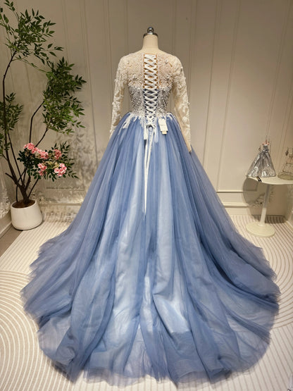 Dusty Blue Ball Gown Prom Dresses Beaded Formal Dress FD2445 viniodress-Quinceanera Dresses 2025 -Viniodress-Cap Sleeve-Dusty Blue-Custom Size