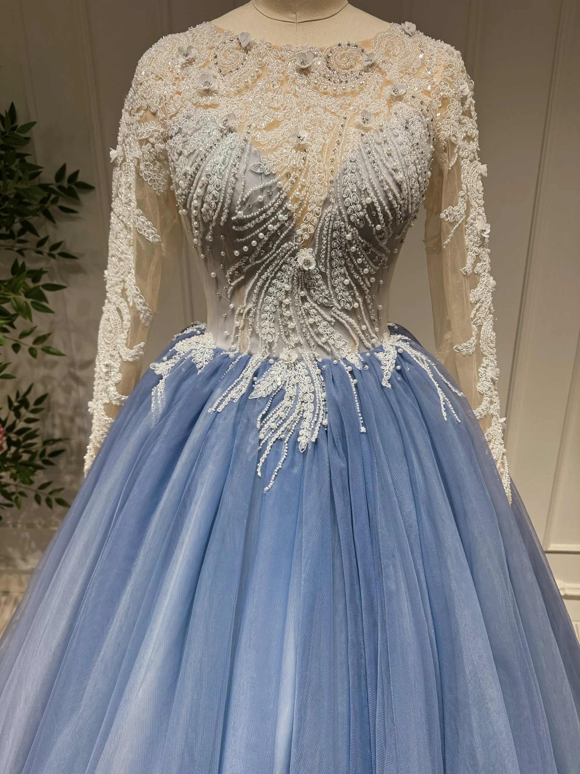 Dusty Blue Ball Gown Prom Dresses Beaded Formal Dress FD2445 viniodress-Quinceanera Dresses 2025 -Viniodress-Cap Sleeve-Dusty Blue-Custom Size