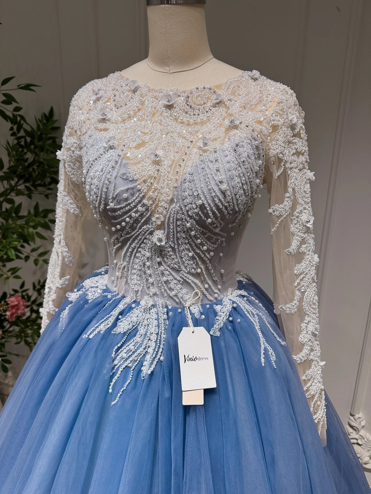 Dusty Blue Ball Gown Prom Dresses Beaded Formal Dress FD2445 viniodress-Quinceanera Dresses 2025 -Viniodress-Cap Sleeve-Dusty Blue-Custom Size