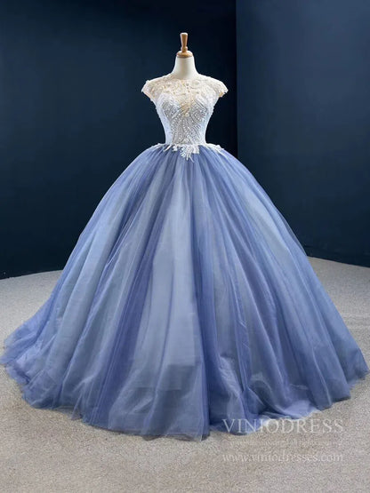 Dusty Blue Ball Gown Prom Dresses Beaded Formal Dress FD2445 viniodress-Quinceanera Dresses 2025 -Viniodress-Cap Sleeve-Dusty Blue-Custom Size
