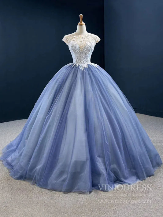 Dusty Blue Ball Gown Prom Dresses Beaded Formal Dress FD2445 viniodress-Quinceanera Dresses 2025 -Viniodress-Cap Sleeve-Dusty Blue-Custom Size
