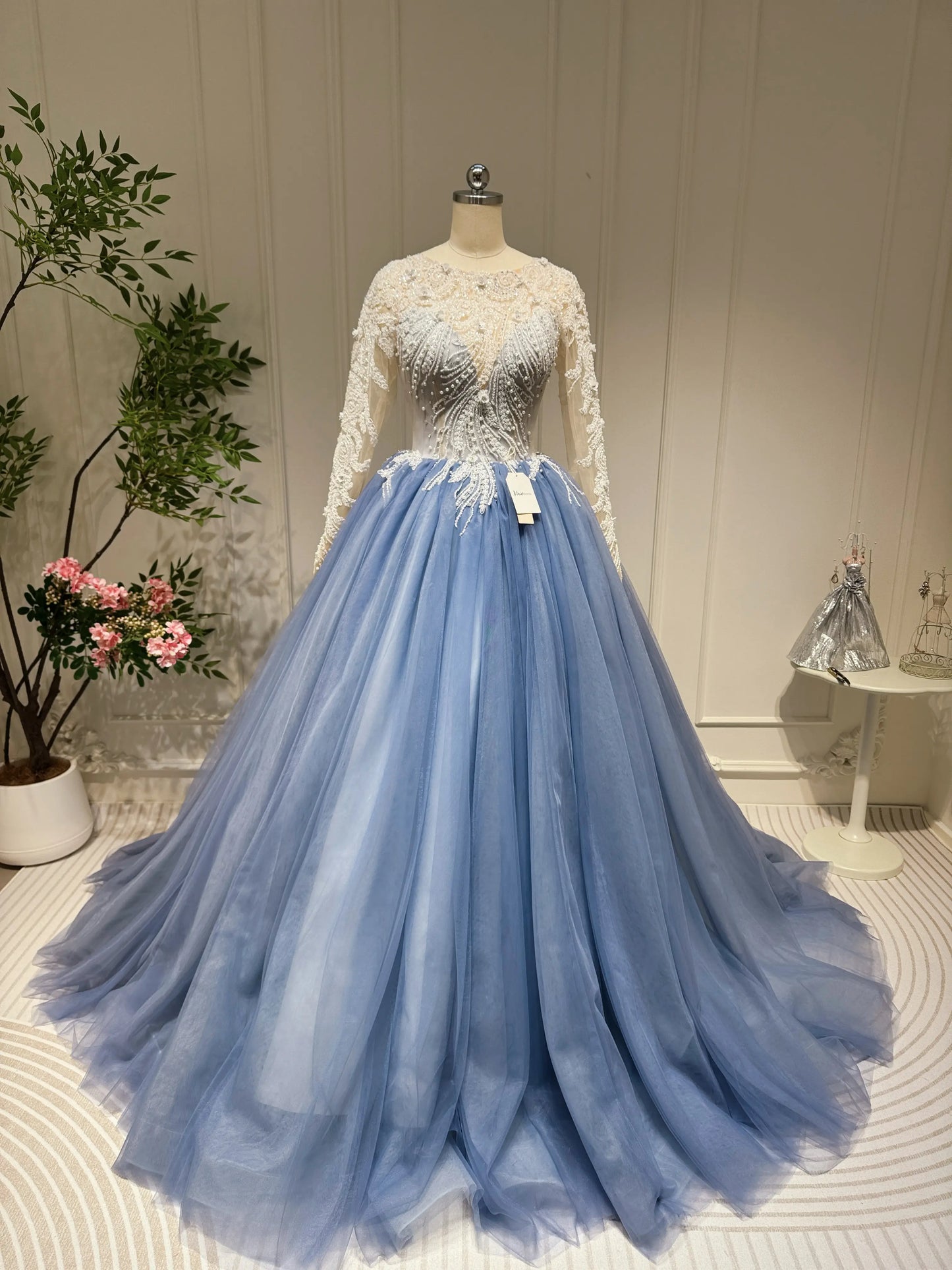 Dusty Blue Ball Gown Prom Dresses Beaded Formal Dress FD2445 viniodress-Quinceanera Dresses 2025 -Viniodress-Long Sleeve-Dusty Blue-Custom Size