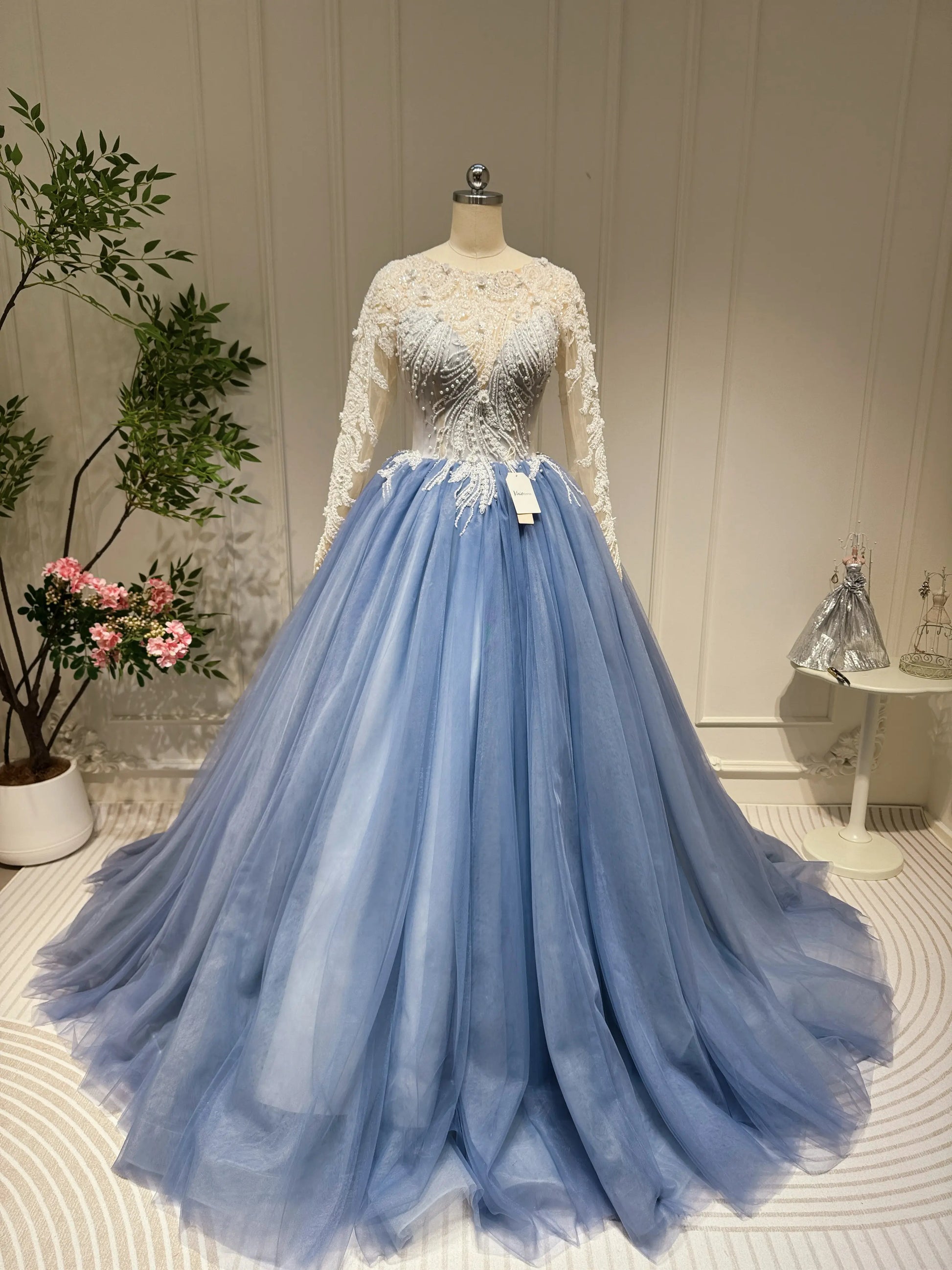 Dusty Blue Ball Gown Prom Dresses Beaded Formal Dress FD2445 viniodress-Quinceanera Dresses 2025 -Viniodress-Long Sleeve-Dusty Blue-Custom Size