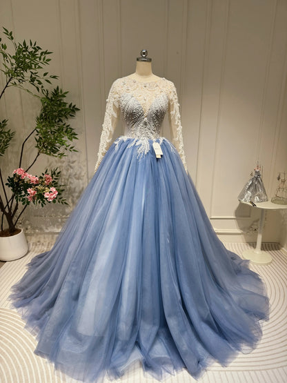 Dusty Blue Ball Gown Prom Dresses Beaded Formal Dress FD2445 viniodress-Quinceanera Dresses 2025 -Viniodress-Long Sleeve-Dusty Blue-Custom Size