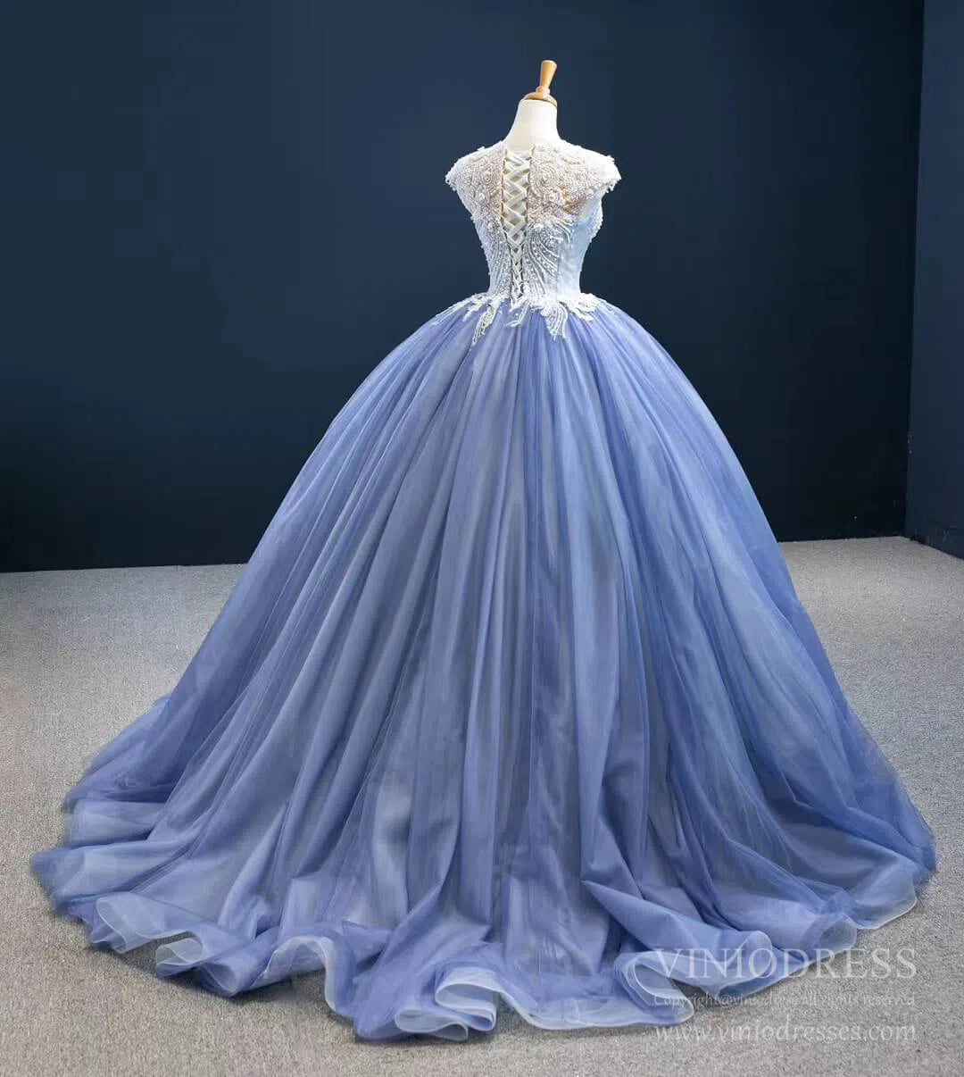 Quinceanera Dresses 2025 Dusty Blue Ball Gown Prom Dresses Beaded Formal Dress FD2445 viniodress-plus size wedding dresses Viniodress-Cap Sleeve-Dusty Blue-Custom Size