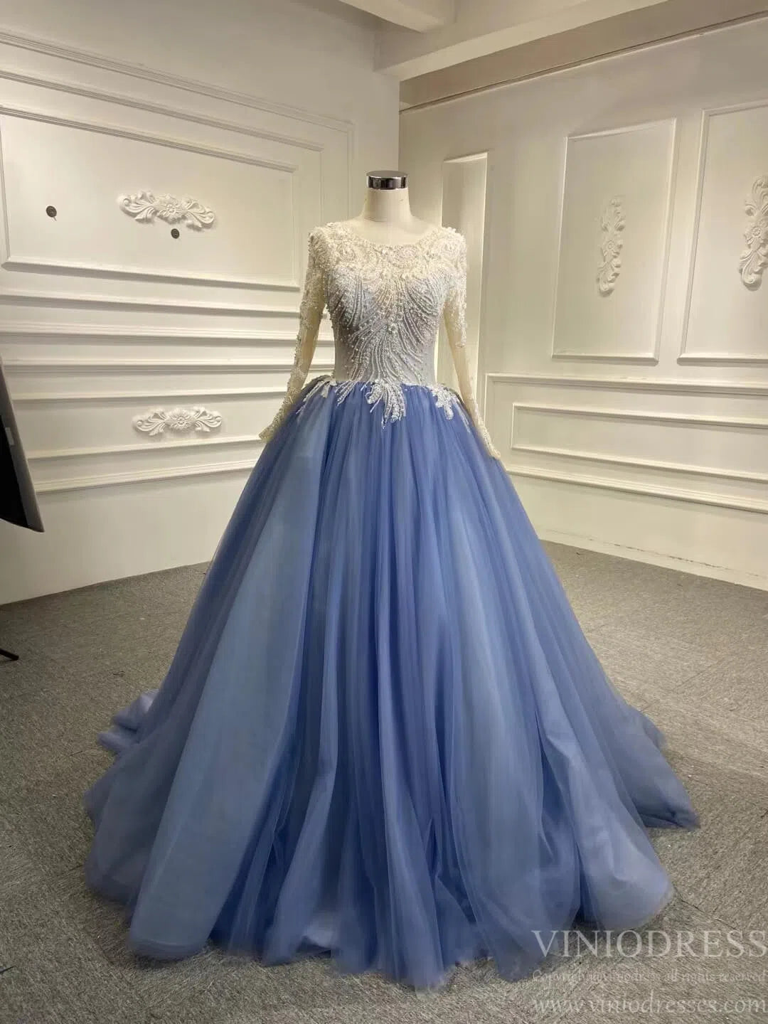 Quinceanera Dresses 2025 Dusty Blue Ball Gown Prom Dresses Beaded Formal Dress FD2445 viniodress-plus size wedding dresses Viniodress-Cap Sleeve-Dusty Blue-Custom Size