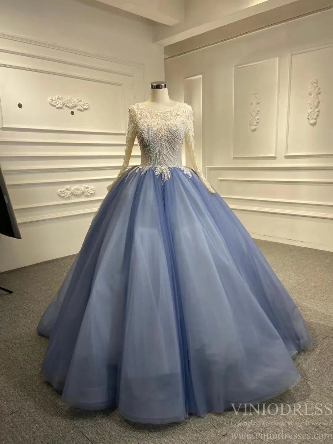 Quinceanera Dresses 2025 Dusty Blue Ball Gown Prom Dresses Beaded Formal Dress FD2445 viniodress-plus size wedding dresses Viniodress-Long Sleeve-Dusty Blue-Custom Size