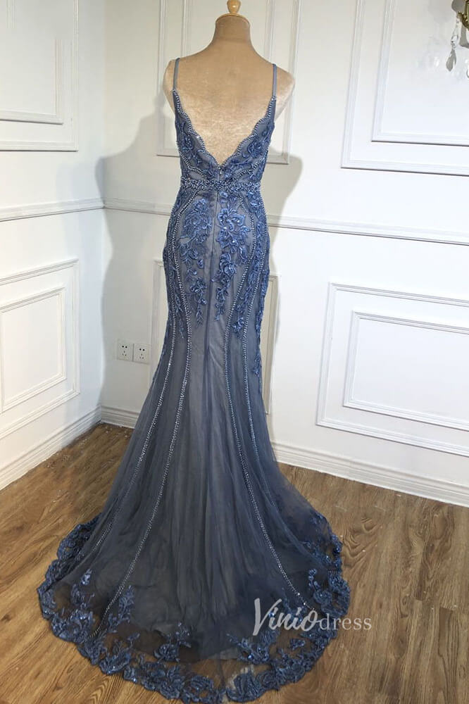 Dusty Blue Beaded Evening Dresses Mermaid Spaghetti Strap Prom Dress FD3023-Evening Dresses 2025 -Viniodress-Dusty Blue-US 2-