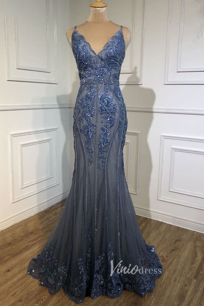 Dusty Blue Beaded Evening Dresses Mermaid Spaghetti Strap Prom Dress FD3023-Evening Dresses 2025 -Viniodress-Dusty Blue-US 2-