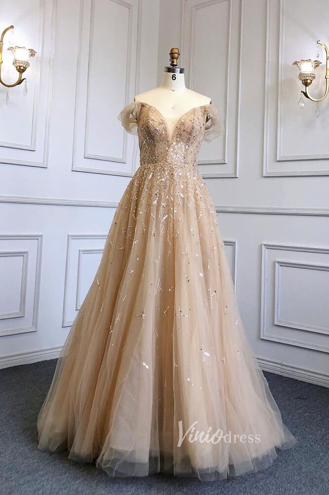 Dusty Blue Beaded Evening Dresses Off the Shoulder Prom Dress FD3021-Evening Dresses 2025 -Viniodress-Champagne-US 2-