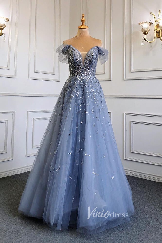 Dusty Blue Beaded Evening Dresses Off the Shoulder Prom Dress FD3021-Evening Dresses 2025 -Viniodress-Dusty Blue-US 2-