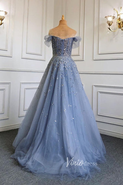 Dusty Blue Beaded Evening Dresses Off the Shoulder Prom Dress FD3021-Evening Dresses 2025 -Viniodress-Dusty Blue-US 2-