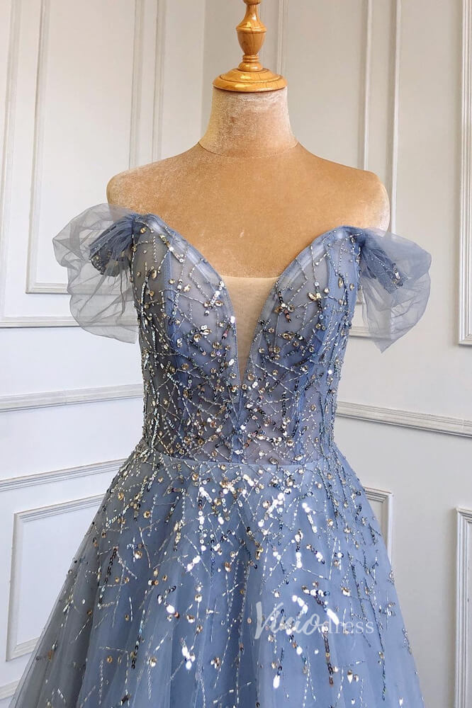 Dusty Blue Beaded Evening Dresses Off the Shoulder Prom Dress FD3021-Evening Dresses 2025 -Viniodress-Dusty Blue-US 2-