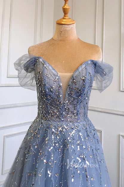 Dusty Blue Beaded Evening Dresses Off the Shoulder Prom Dress FD3021-Evening Dresses 2025 -Viniodress-Dusty Blue-US 2-