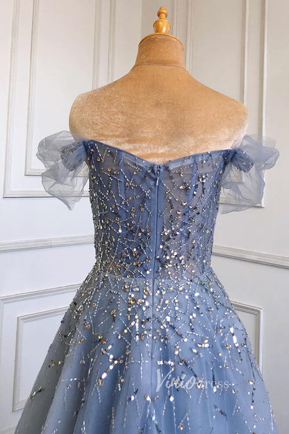 Dusty Blue Beaded Evening Dresses Off the Shoulder Prom Dress FD3021-Evening Dresses 2025 -Viniodress-Dusty Blue-US 2-