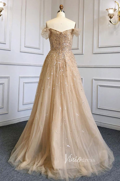 Dusty Blue Beaded Evening Dresses Off the Shoulder Prom Dress FD3021-Evening Dresses 2025 -Viniodress-Dusty Blue-US 2-