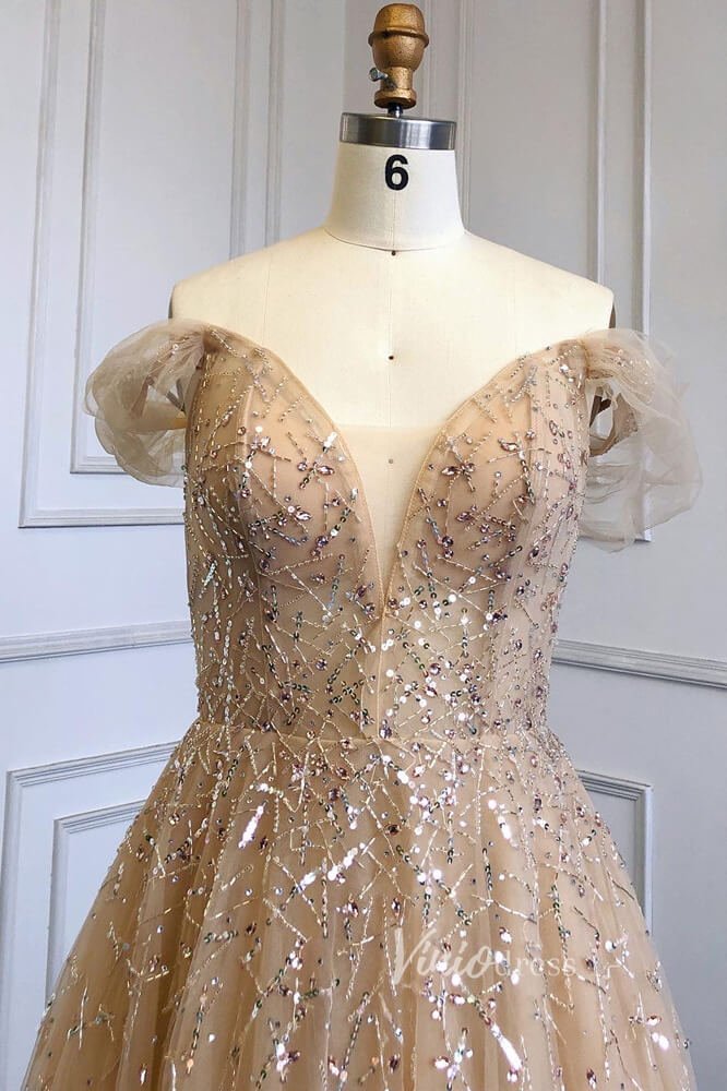 Dusty Blue Beaded Evening Dresses Off the Shoulder Prom Dress FD3021-Evening Dresses 2025 -Viniodress-Dusty Blue-US 2-