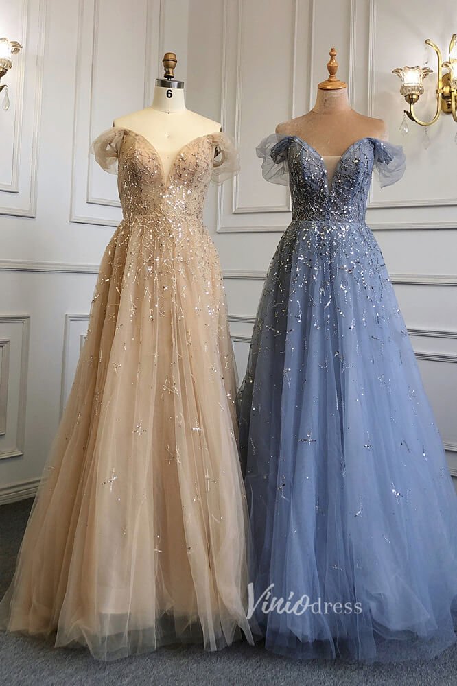 Dusty Blue Beaded Evening Dresses Off the Shoulder Prom Dress FD3021-Evening Dresses 2025 -Viniodress-Dusty Blue-US 2-