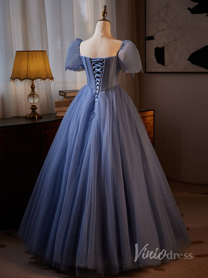 Dusty Blue Beaded Lace Prom Dresses 2024 Puffed Sleeve Sparkly Tulle 90013-prom dresses 2025 -Viniodress-Dusty Blue-Custom Size-