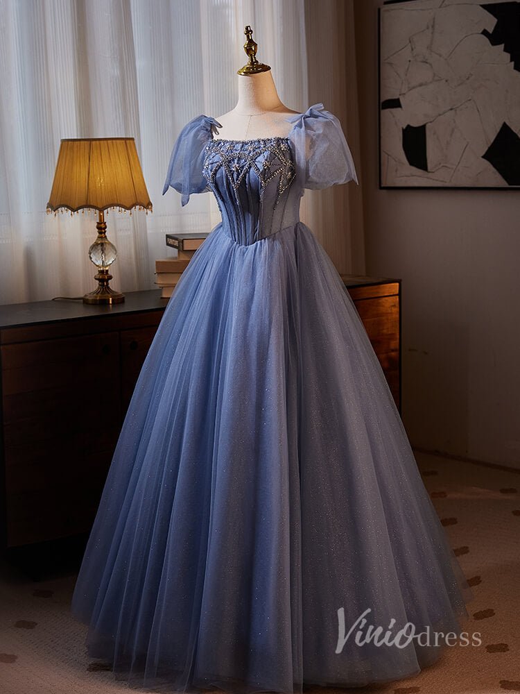 Dusty Blue Beaded Lace Prom Dresses 2024 Puffed Sleeve Sparkly Tulle 90013-prom dresses 2025 -Viniodress-Dusty Blue-Custom Size-