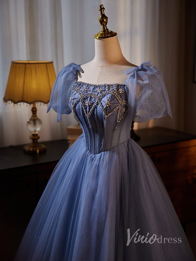 Dusty Blue Beaded Lace Prom Dresses 2024 Puffed Sleeve Sparkly Tulle 90013-prom dresses 2025 -Viniodress-Dusty Blue-Custom Size-