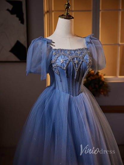 Dusty Blue Beaded Lace Prom Dresses 2024 Puffed Sleeve Sparkly Tulle 90013-prom dresses 2025 -Viniodress-Dusty Blue-Custom Size-