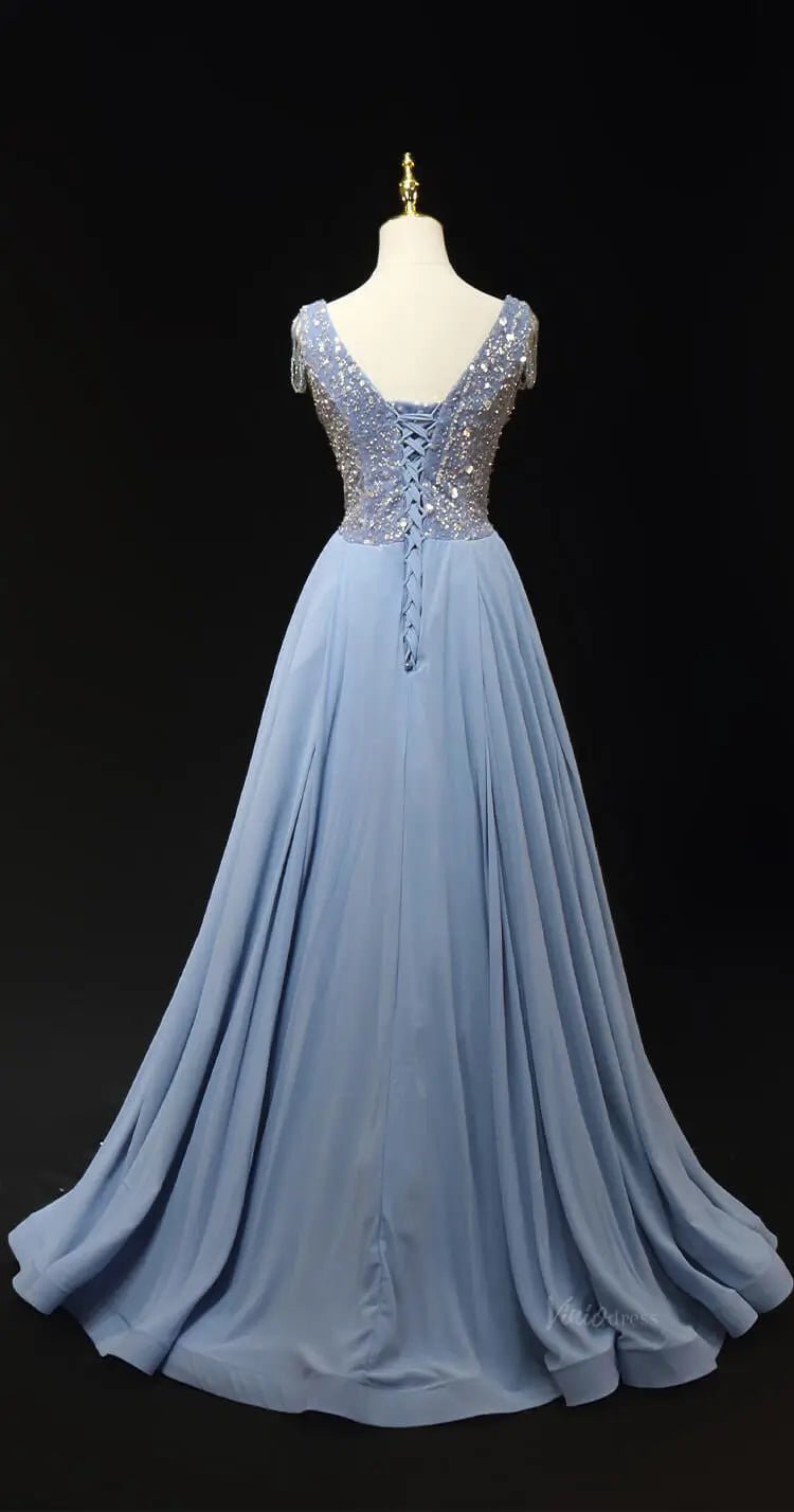 Dusty Blue Beaded Lace Prom Dresses with Overskirt, V-Neck, Formal Gown SU056-prom dresses 2025 -Viniodress-Blue-Custom Size-