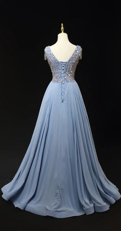 Dusty Blue Beaded Lace Prom Dresses with Overskirt, V-Neck, Formal Gown SU056-prom dresses 2025 -Viniodress-Blue-Custom Size-