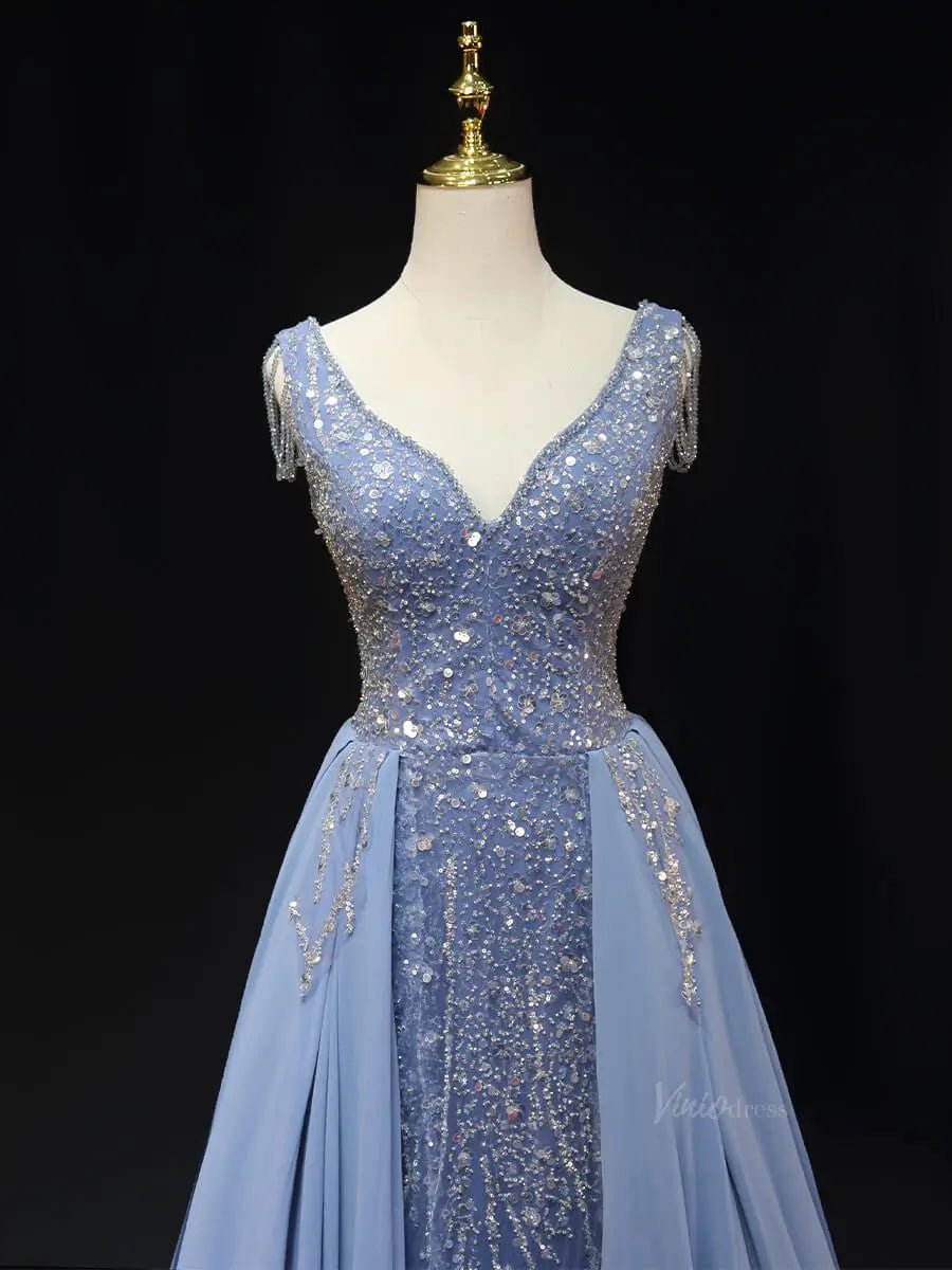Dusty Blue Beaded Lace Prom Dresses with Overskirt, V-Neck, Formal Gown SU056-prom dresses 2025 -Viniodress-Blue-Custom Size-