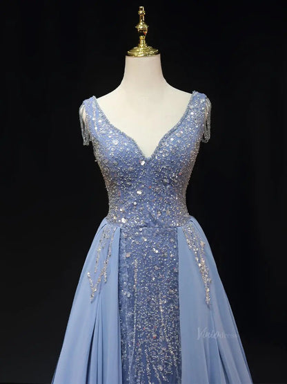 Dusty Blue Beaded Lace Prom Dresses with Overskirt, V-Neck, Formal Gown SU056-prom dresses 2025 -Viniodress-Blue-Custom Size-
