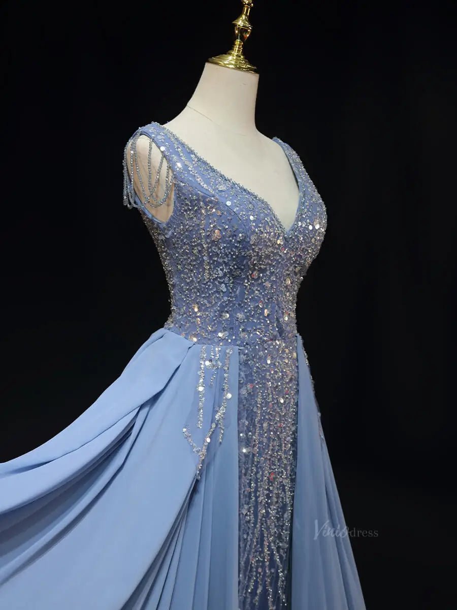 Dusty Blue Beaded Lace Prom Dresses with Overskirt, V-Neck, Formal Gown SU056-prom dresses 2025 -Viniodress-Blue-Custom Size-