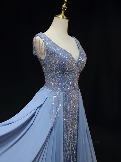Dusty Blue Beaded Lace Prom Dresses with Overskirt, V-Neck, Formal Gown SU056-prom dresses 2025 -Viniodress-Blue-Custom Size-
