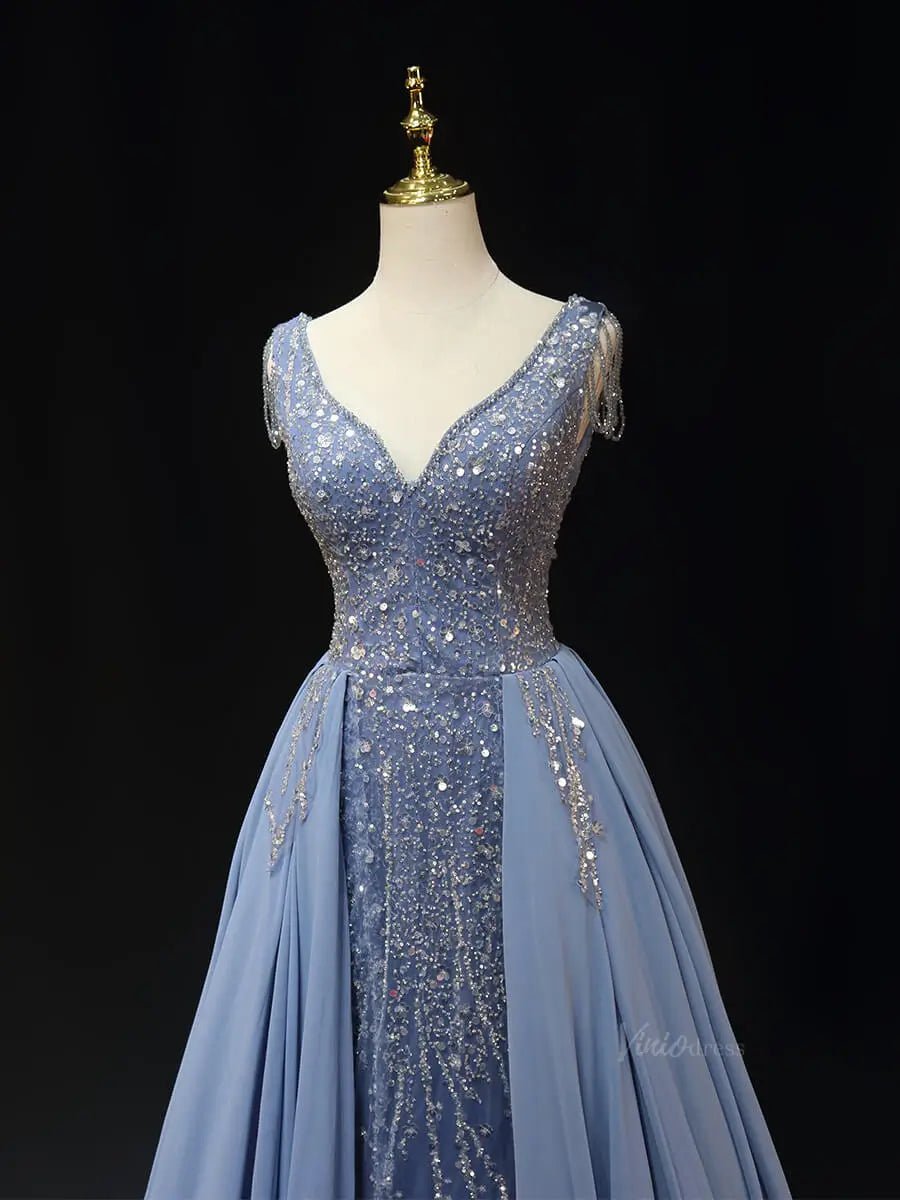 Dusty Blue Beaded Lace Prom Dresses with Overskirt, V-Neck, Formal Gown SU056-prom dresses 2025 -Viniodress-Blue-Custom Size-